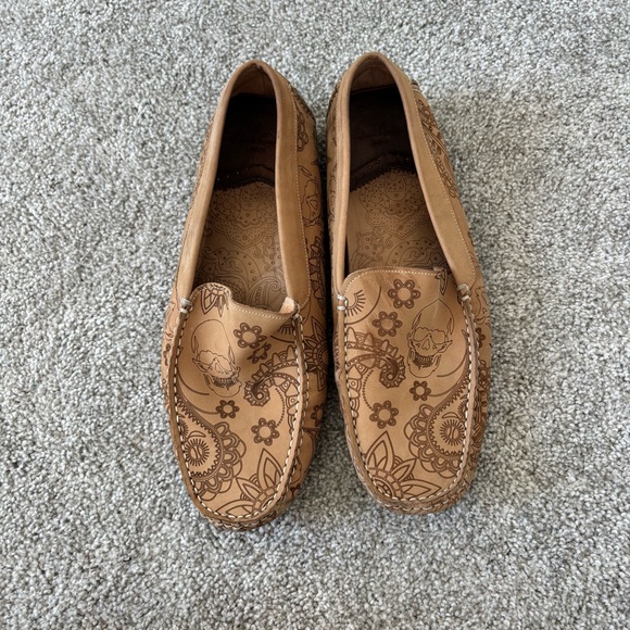 Robert Graham Embossed Skull Leather Driving Loafers Tan Statement Style Sz 11.5